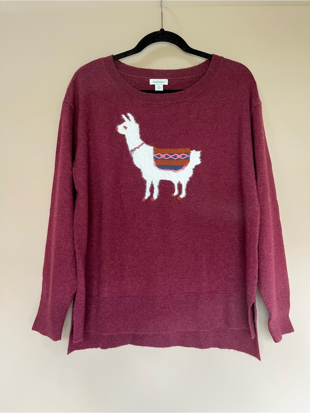 Sundance Burgundy Crewneck Sweater with White Llama Motif